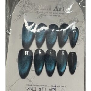 Teal Cateye Almond Press On Nails‎